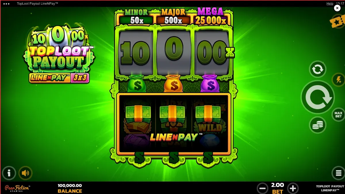 TopLoot Payout LineNPay slot game interface featuring golden treasure and 3x3 reels.